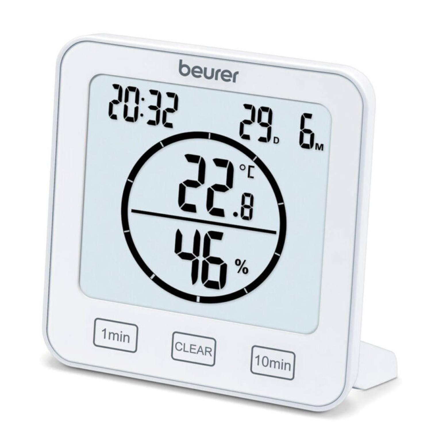 Hvidt digitalt hygrometer med ur, timer og temperaturvisning