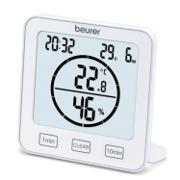 Hvidt digitalt hygrometer med ur, timer og temperaturvisning