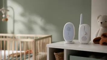 To hvide lyd-babyalarmer på en hylde ved en tremmeseng