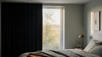 Mørklægningsgardin stopper dagslyset på den ene side af et soveværelse
