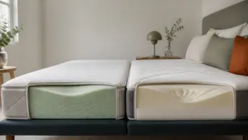 To skummadrasser med synlige lag af koldskum og memory foam
