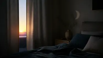 Mørkt soveværelse hvor måneskin går over i varmt morgenlys