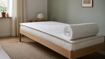 Abstrakt rolig illustration i dæmpede blå og sandfarvede toner, der symboliserer en topmadras i 90x200 cm til en enkeltseng