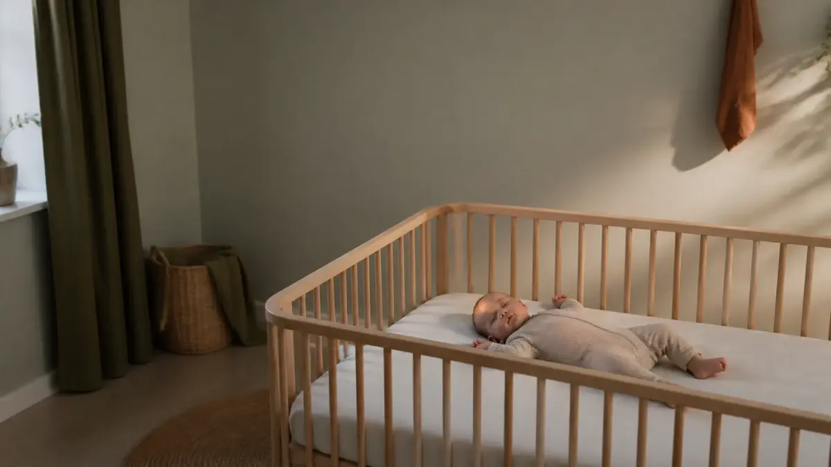 Baby sover sikkert på ryggen i en tom tremmeseng med fast lagen