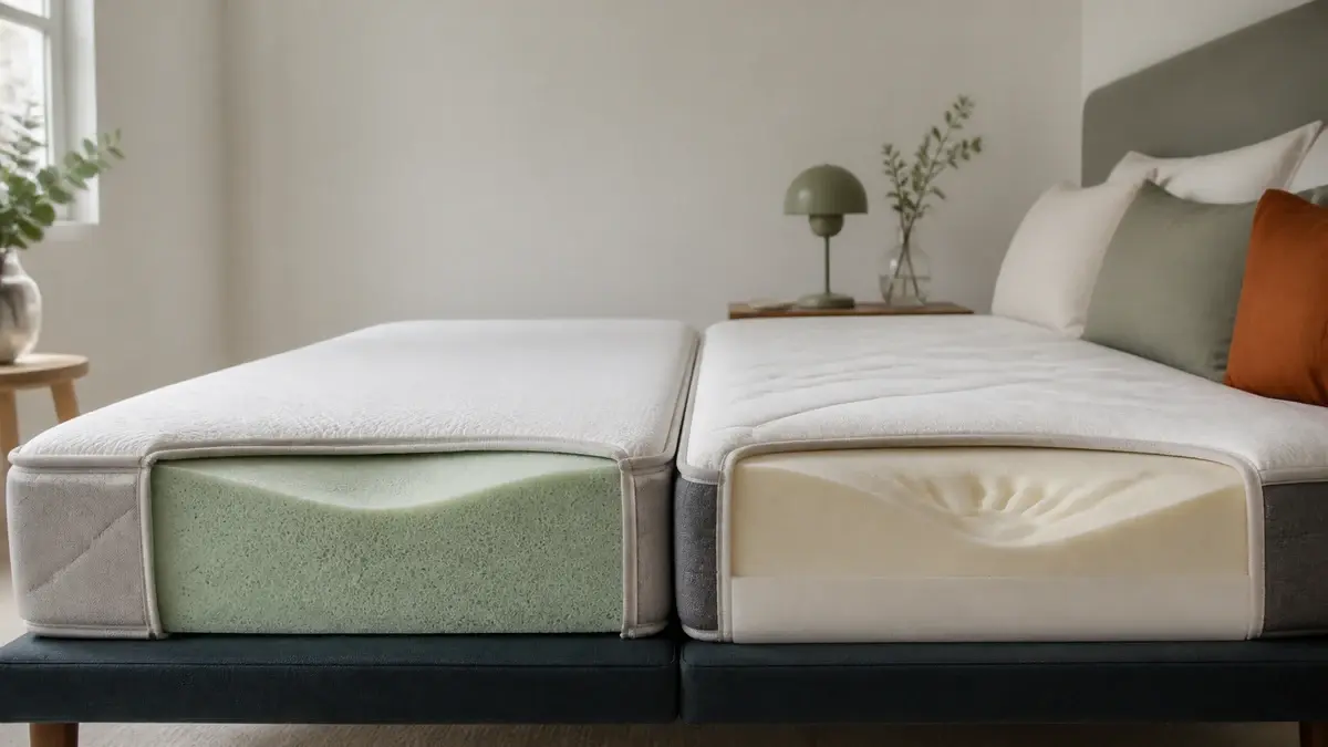 To skummadrasser med synlige lag af koldskum og memory foam