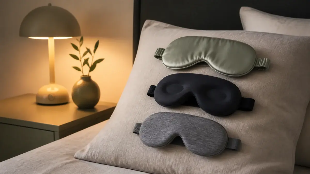 Tre sovemasker i silke, konturskum og åndbart stof på en pude