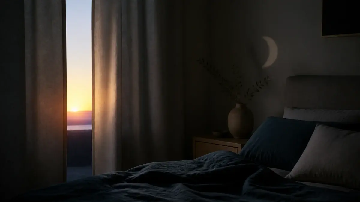 Mørkt soveværelse hvor måneskin går over i varmt morgenlys