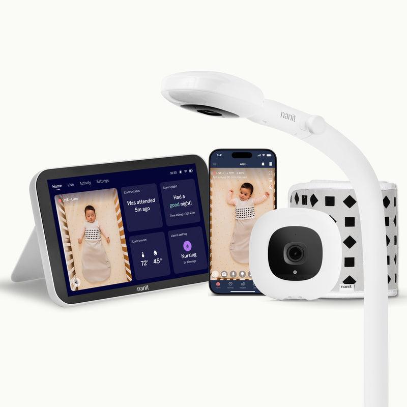 Nanit Pro babykamera med stander og smartphone-app til søvnovervågning