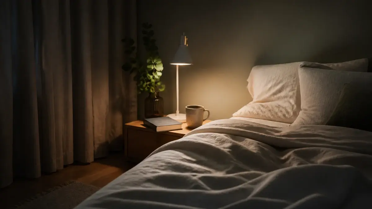 Uredt tom seng om natten med varm læselampe og lukket bog
